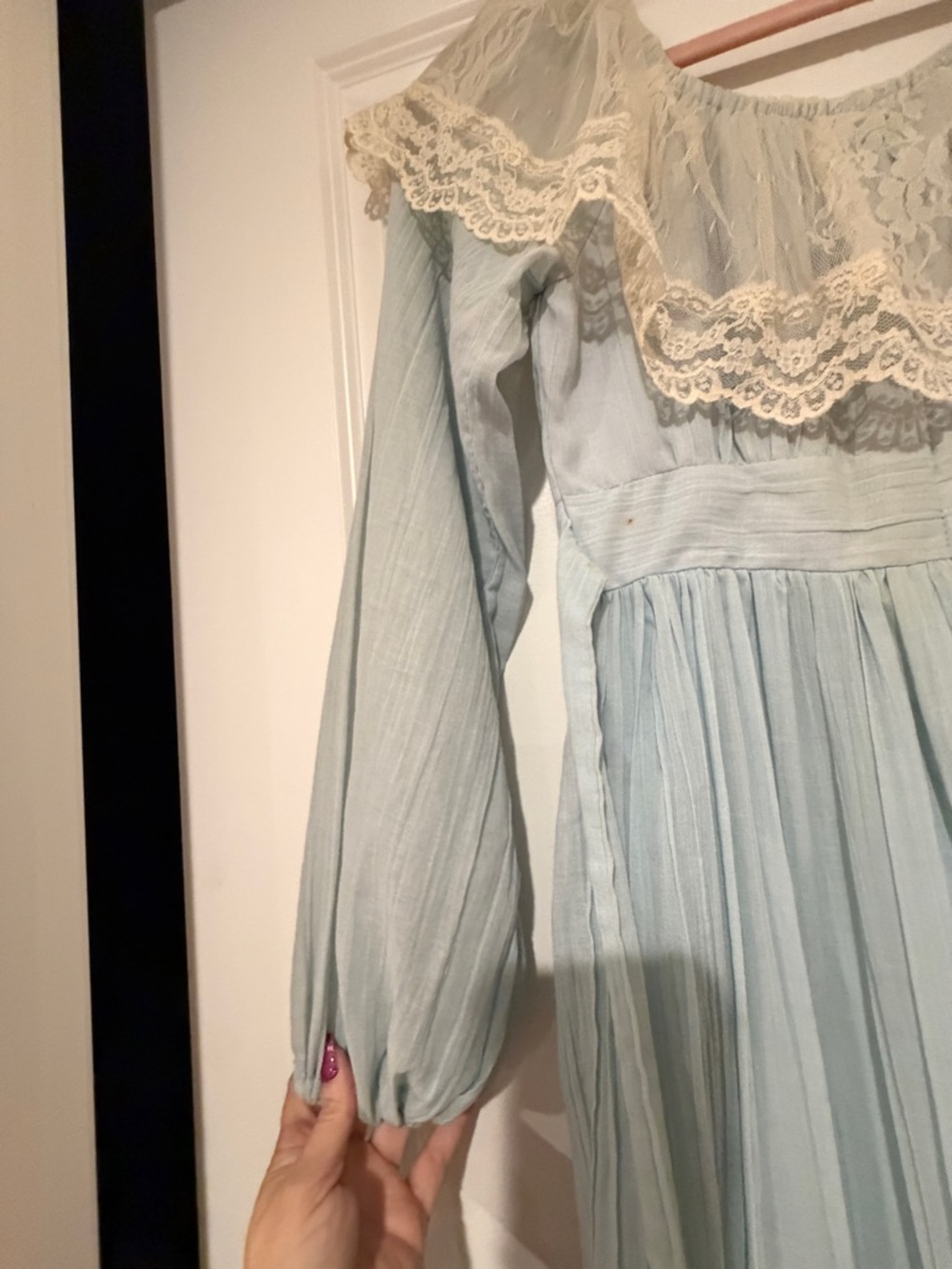 VINTAGE GUNNE SAX LIGHT BLUE PRAIRIE MAXI DRESS LACE BOHO COTTAGECORE WEDDING - Picture 15 of 16